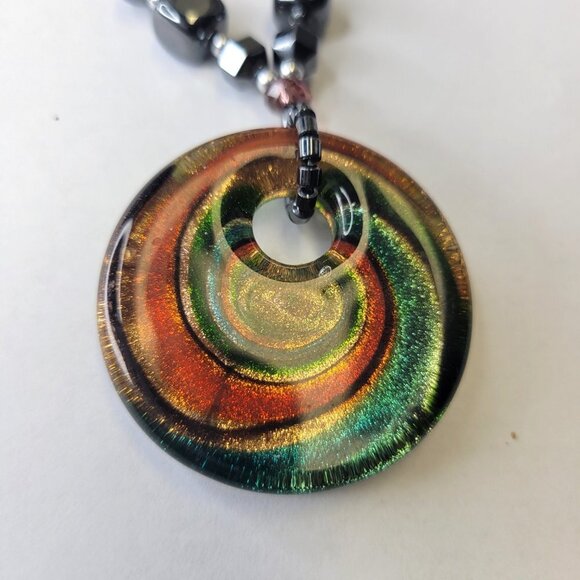 Hematite Necklace Murano Glass Rainbow Twirl Pendant - Picture 6 of 11